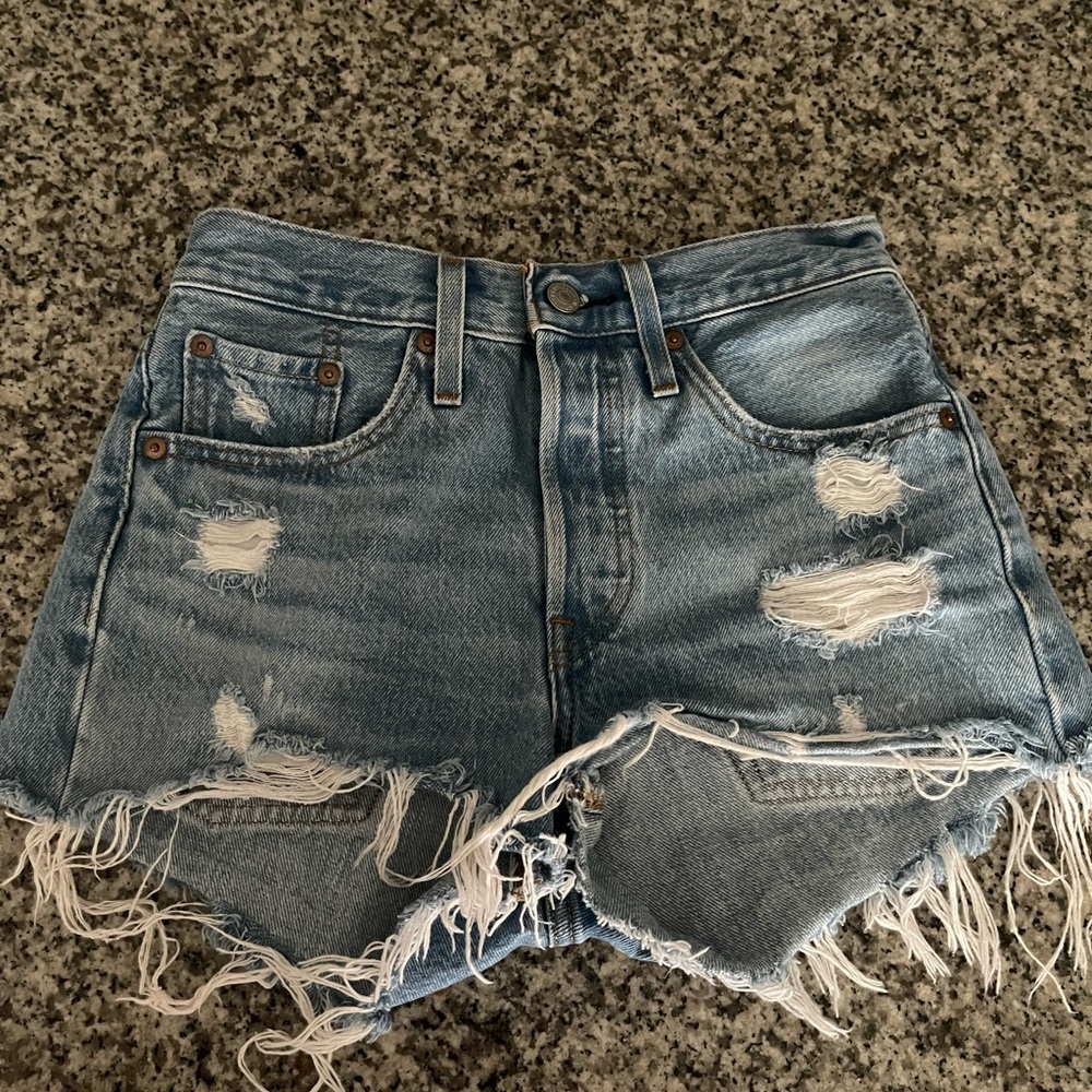 Levi's Blue Jean Shorts with Distressed Frayed Hem